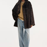 ROHE - Mandarin faux fur short coat | dark brown