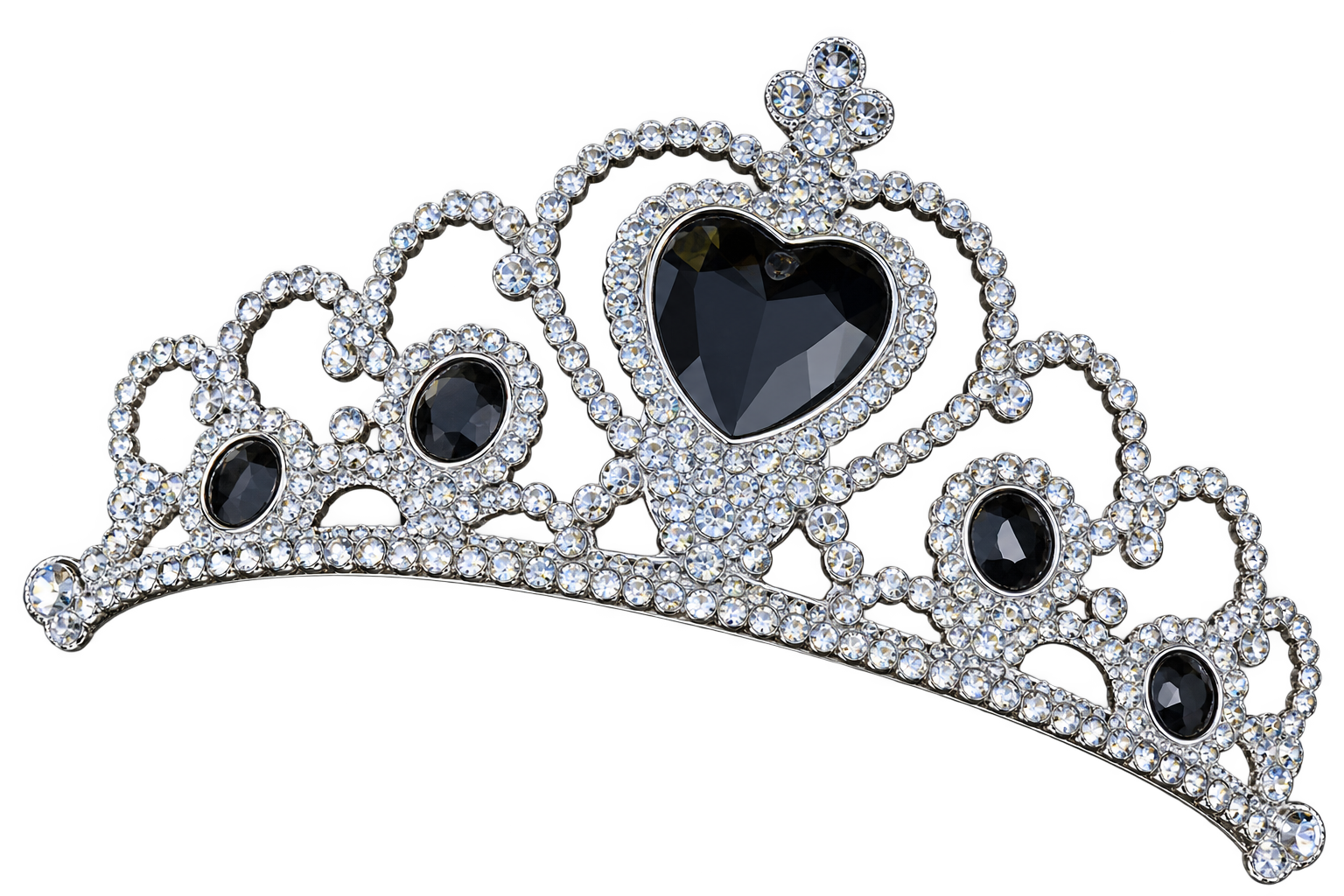 Cut-out silver rhinestone crown with dark heart-shaped stones.