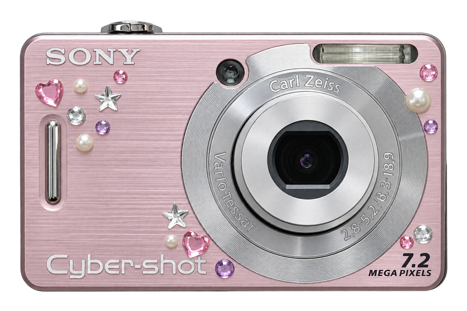 Cut-out pink Sony Cyber-shot compact camera.