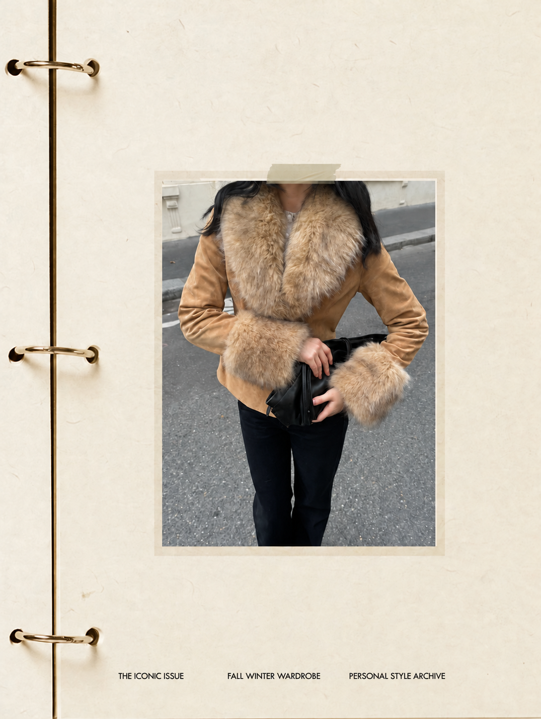 Cream binder page with a taped outfit photograph in a camel fur-trimmed jacket