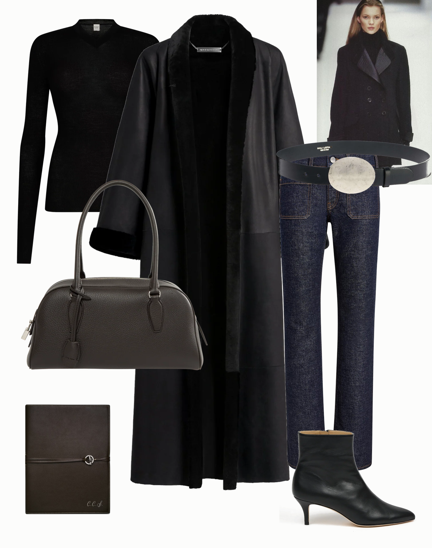 Wardrobe collage with black wool top, dark coat, denim, belt, bag and ankle boot