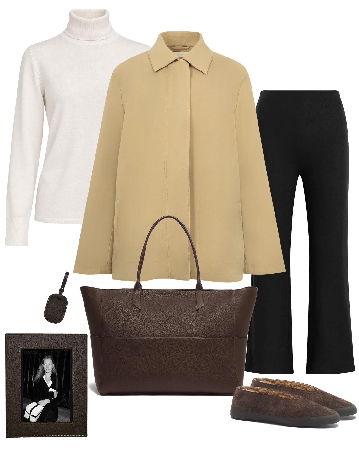 Wardrobe collage with cream knitwear, pale jacket, chocolate tote, black trousers and shearling flats