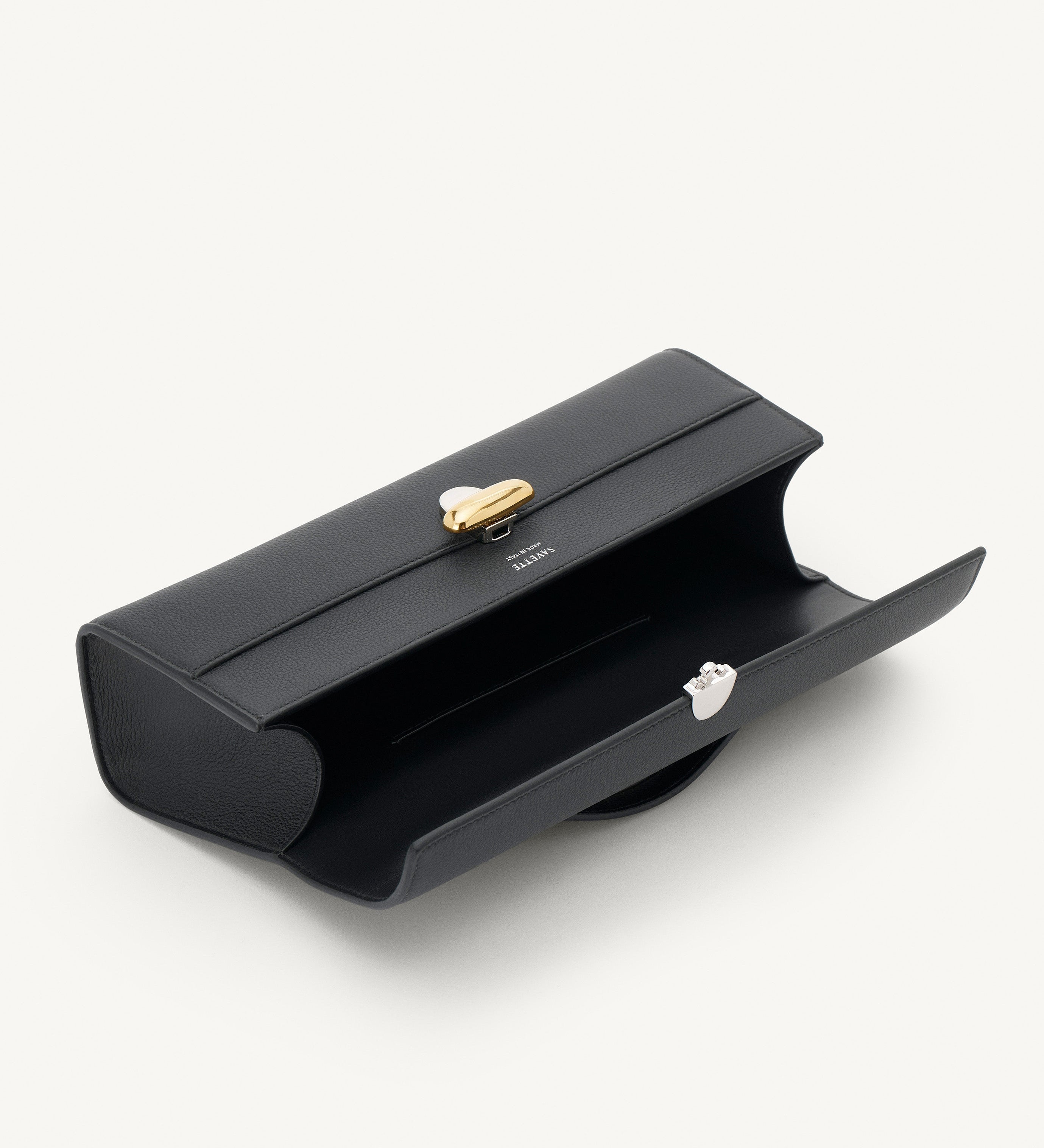 SAVETTE - Slim Symmetry Pochette in Black Grained Leather with Two - Tone Hardware