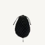 Front view with black macrame pouch with drawstring and silver hardware on a white background