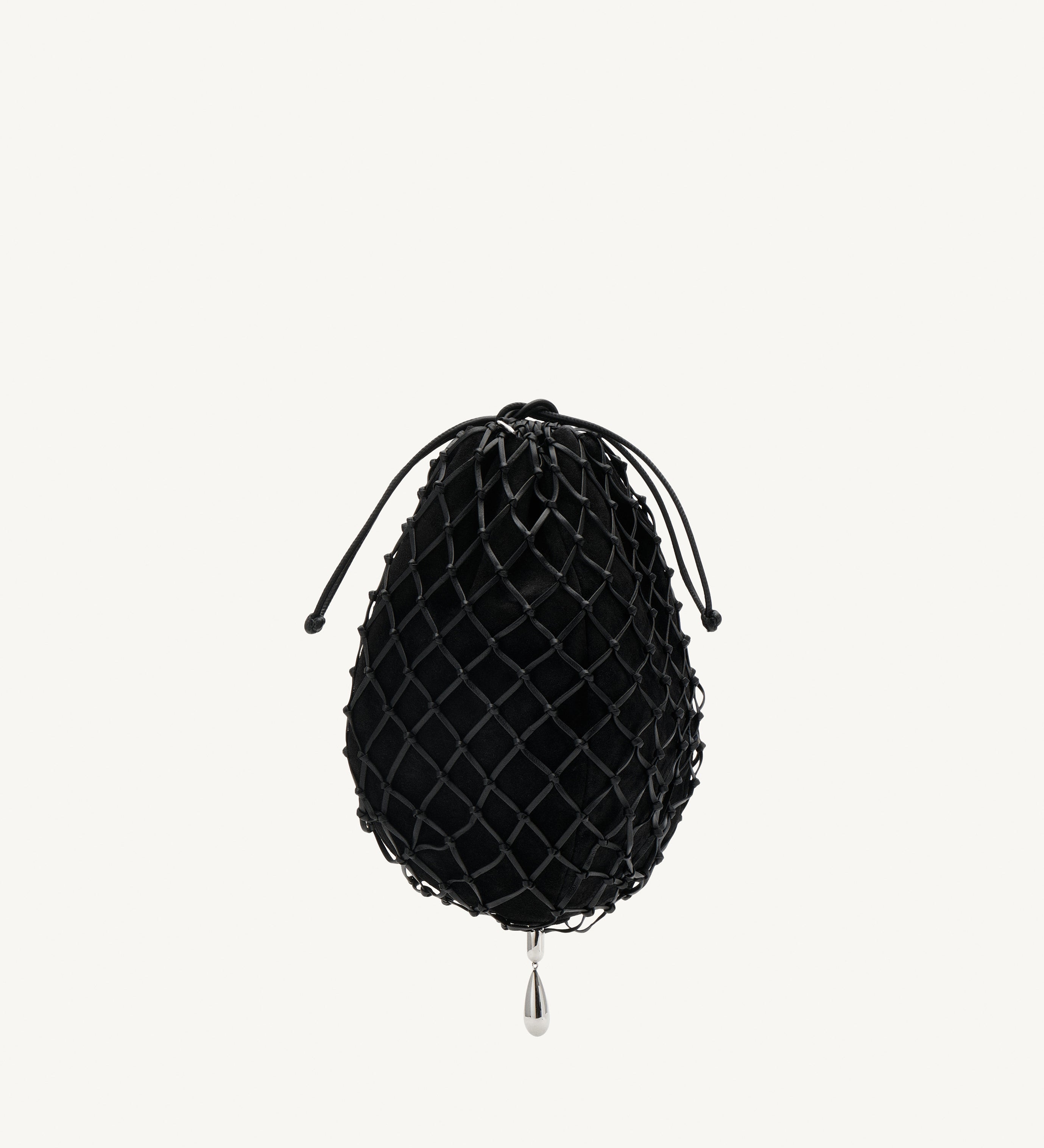Front view with black macrame pouch with drawstring and silver hardware on a white background