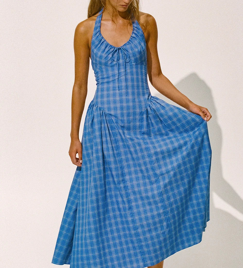 Faithfull - Del Ros Midi Dress Flor Check Cobalt