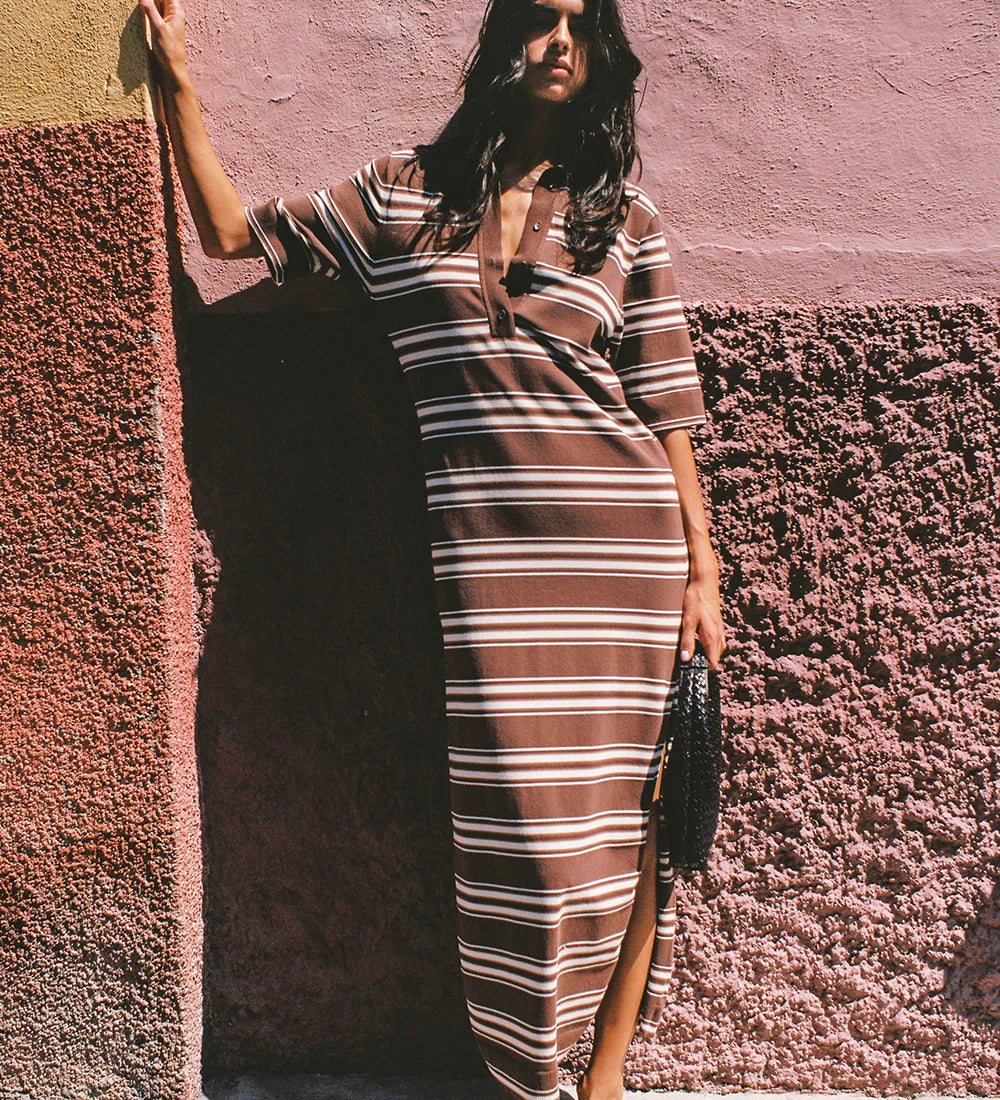 Faithfull - Santiago Polo Dress Ombre Stripe Macro Carob