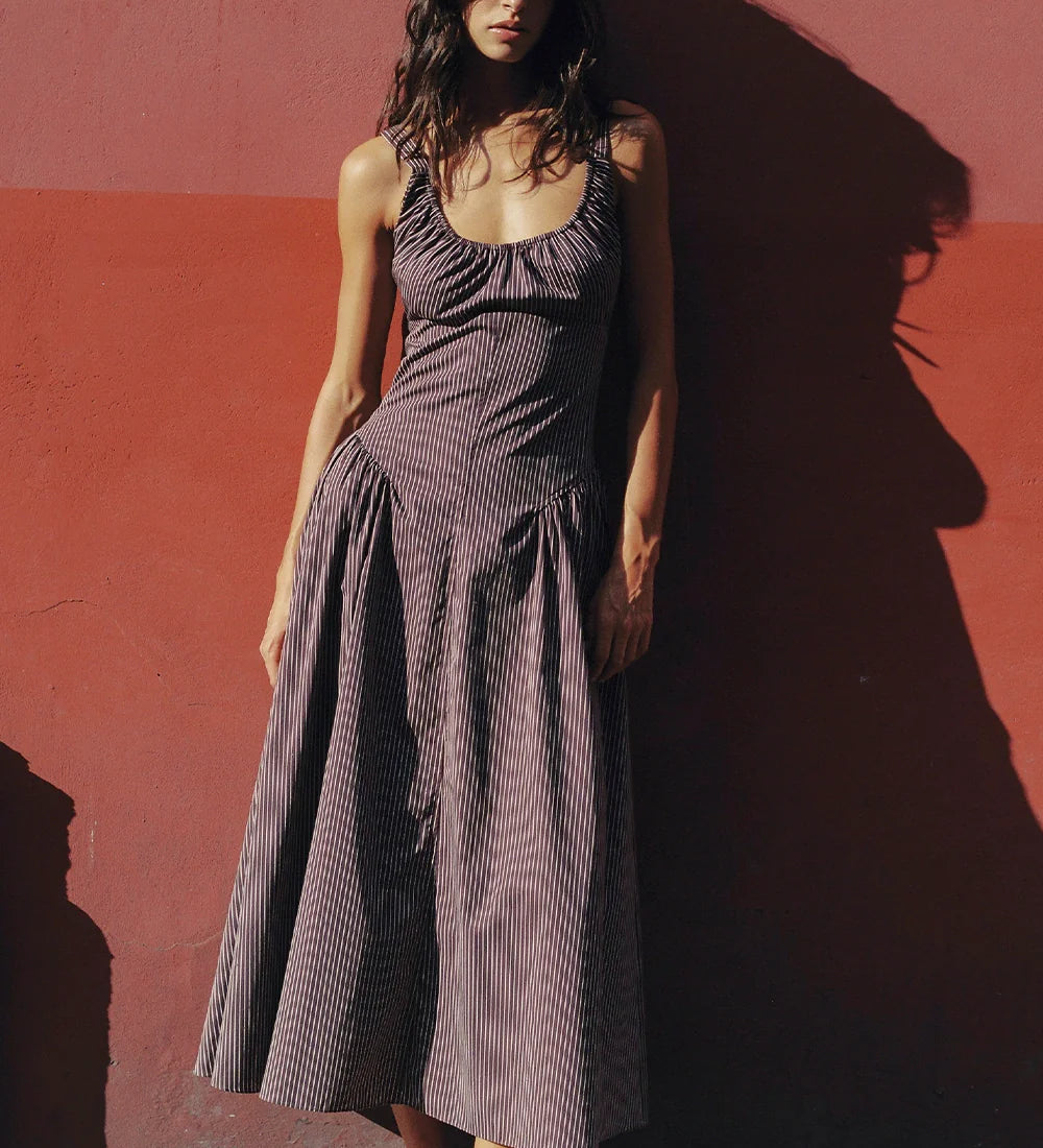 Faithfull - Olas Midi Dress Rocio Pinstripe Chocolate Plum