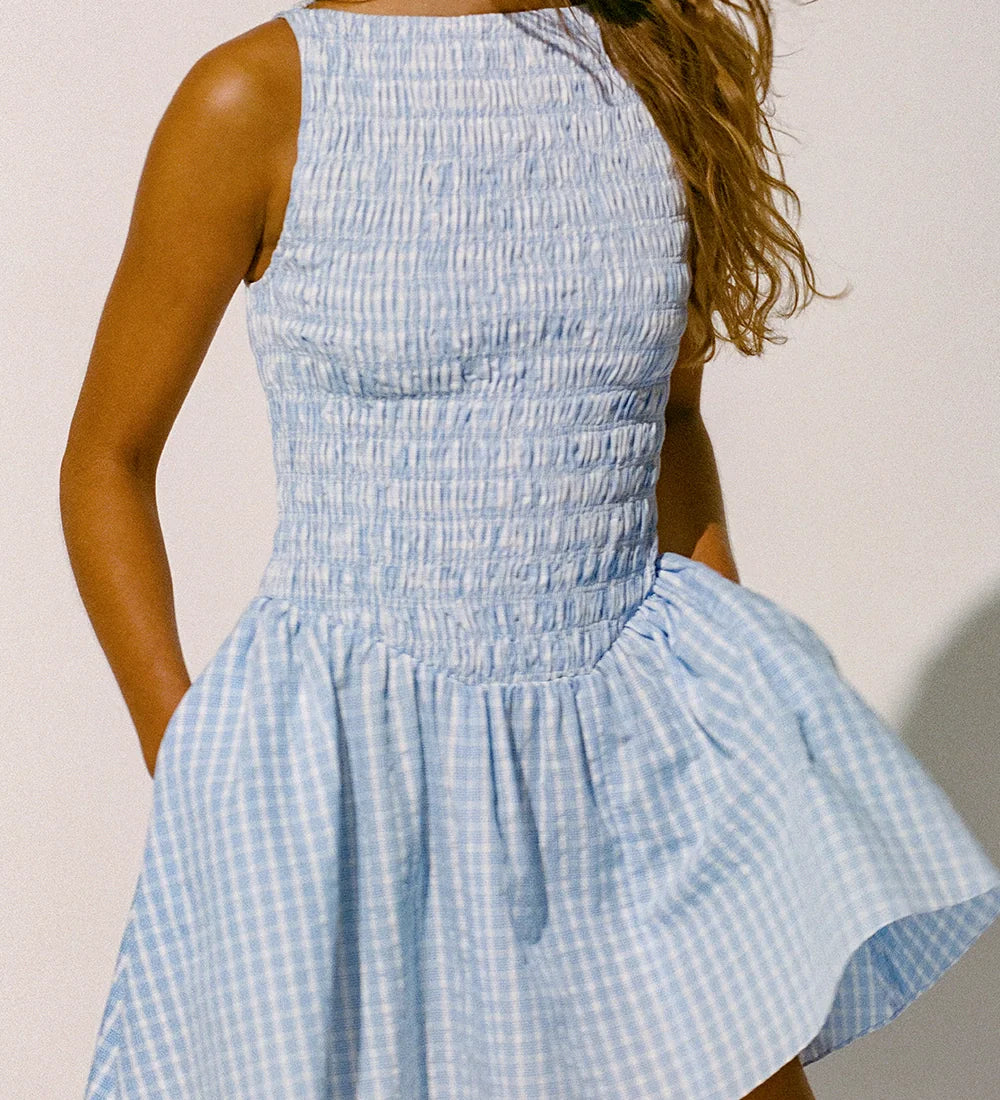 Faithfull - Martina Mini Dress Paloma Check Light Blue White