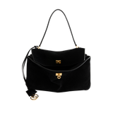 Image 3 of 4 - BLACK - Balenciaga Rodeo Handbag Medium is crafted from suede calfskin and smooth calfskin leather and features a structured yet relaxed silhouette with a top handle and removable shoulder strap. Designed with a turn-lock closure, aged-gold hardware, a removable cloche cls, a wide front pocket, and multiple interior compartments, the bag offers versatile carry options and everyday functionality. Main Material: Calfskin Leather. Lining: Nappa Lambskin. Made in Italy.