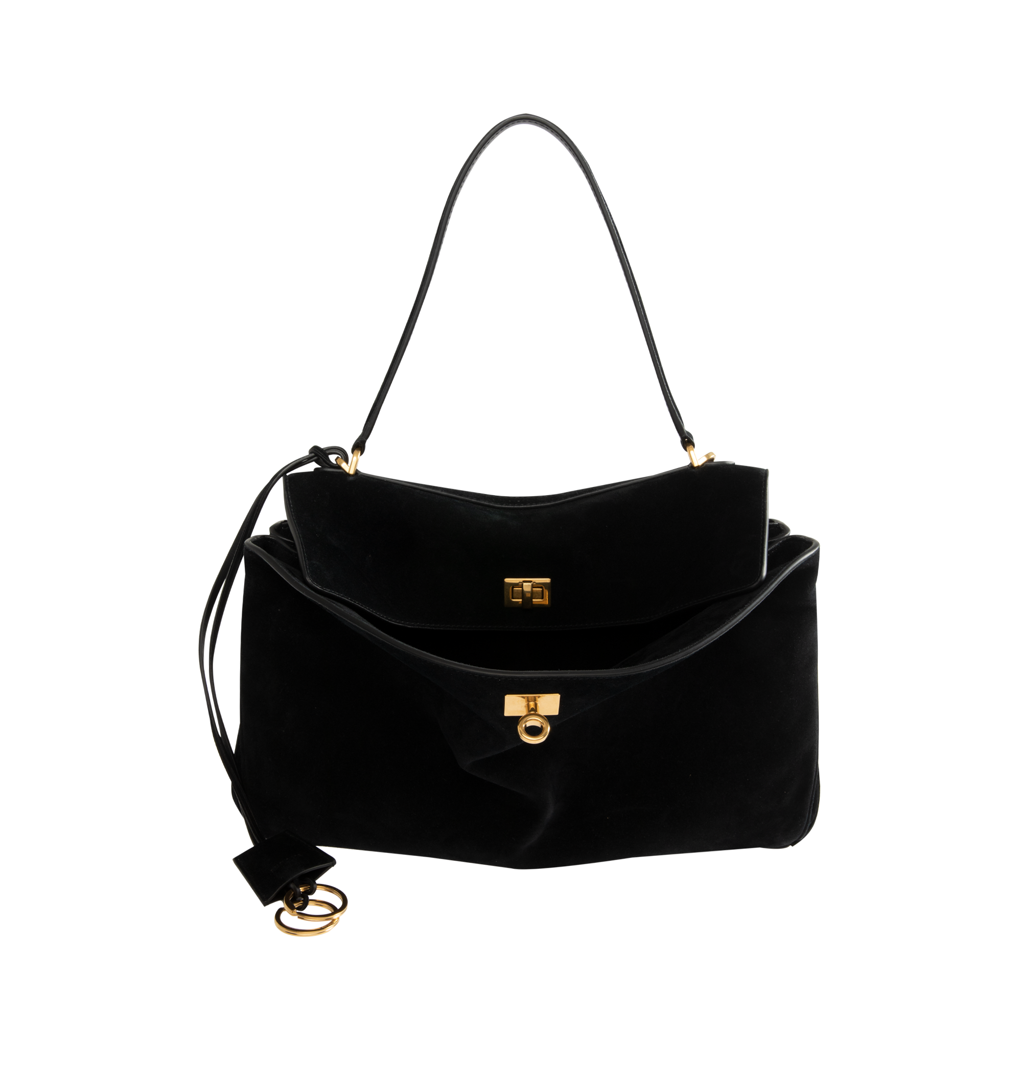 Image 3 of 4 - BLACK - Balenciaga Rodeo Handbag Medium is crafted from suede calfskin and smooth calfskin leather and features a structured yet relaxed silhouette with a top handle and removable shoulder strap. Designed with a turn-lock closure, aged-gold hardware, a removable cloche cls, a wide front pocket, and multiple interior compartments, the bag offers versatile carry options and everyday functionality. Main Material: Calfskin Leather. Lining: Nappa Lambskin. Made in Italy.