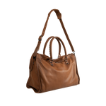 Image 2 of 3 - BROWN - Balenciaga Men's Le City Bag Large is crafted from vintage goatskin and features the house's iconic relaxed silhouette with two hand-braided handles detailed with waxed cord. Designed for hand or crossbody carry, this designer bag features an adjustable and removable shoulder strap with shoulder pad, brass hardware, a double-sided zip closure with long tails and knotted leather puller, front zipped pocket, interior zipped pocket, removable mirror with tone-on-tone Balenciaga logo, and