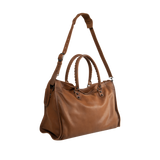 Image 2 of 3 - BROWN - Balenciaga Men's Le City Bag Large is crafted from vintage goatskin and features the house's iconic relaxed silhouette with two hand-braided handles detailed with waxed cord. Designed for hand or crossbody carry, this designer bag features an adjustable and removable shoulder strap with shoulder pad, brass hardware, a double-sided zip closure with long tails and knotted leather puller, front zipped pocket, interior zipped pocket, removable mirror with tone-on-tone Balenciaga logo, and