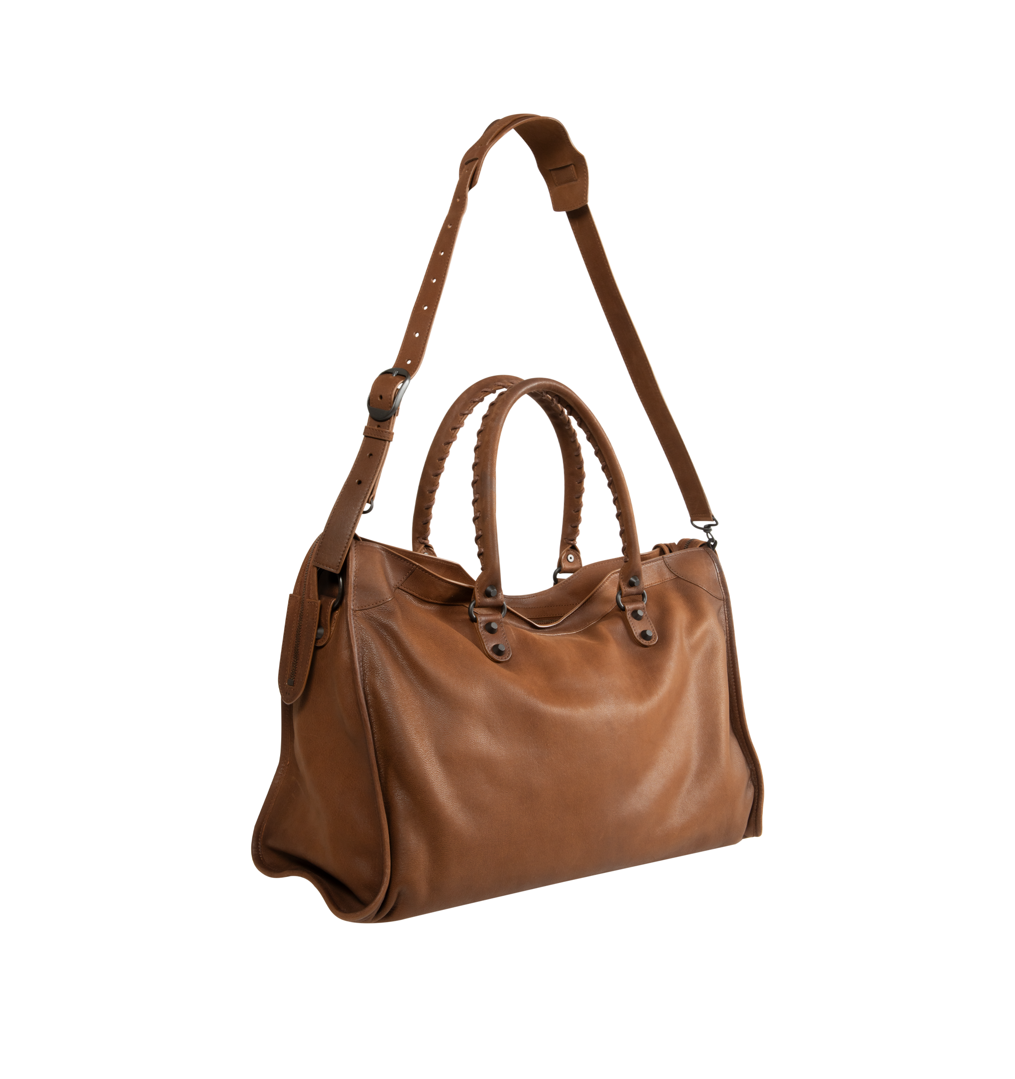 Image 2 of 3 - BROWN - Balenciaga Men's Le City Bag Large is crafted from vintage goatskin and features the house's iconic relaxed silhouette with two hand-braided handles detailed with waxed cord. Designed for hand or crossbody carry, this designer bag features an adjustable and removable shoulder strap with shoulder pad, brass hardware, a double-sided zip closure with long tails and knotted leather puller, front zipped pocket, interior zipped pocket, removable mirror with tone-on-tone Balenciaga logo, and