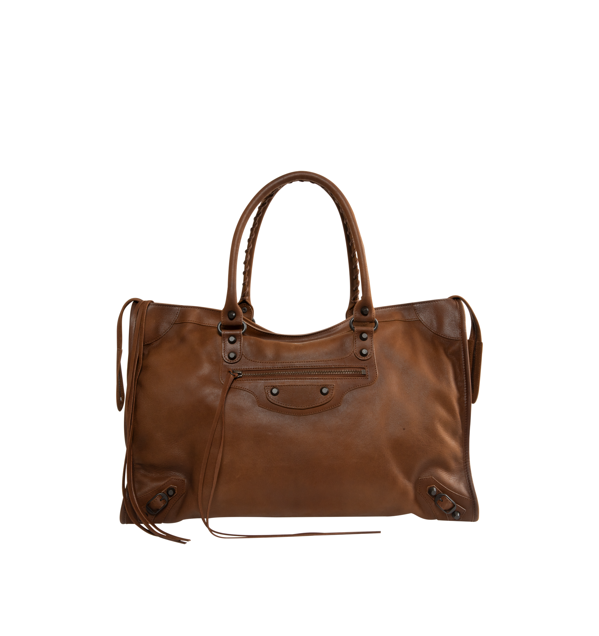 Image 1 of 3 - BROWN - Balenciaga Men's Le City Bag Large is crafted from vintage goatskin and features the house's iconic relaxed silhouette with two hand-braided handles detailed with waxed cord. Designed for hand or crossbody carry, this designer bag features an adjustable and removable shoulder strap with shoulder pad, brass hardware, a double-sided zip closure with long tails and knotted leather puller, front zipped pocket, interior zipped pocket, removable mirror with tone-on-tone Balenciaga logo, and