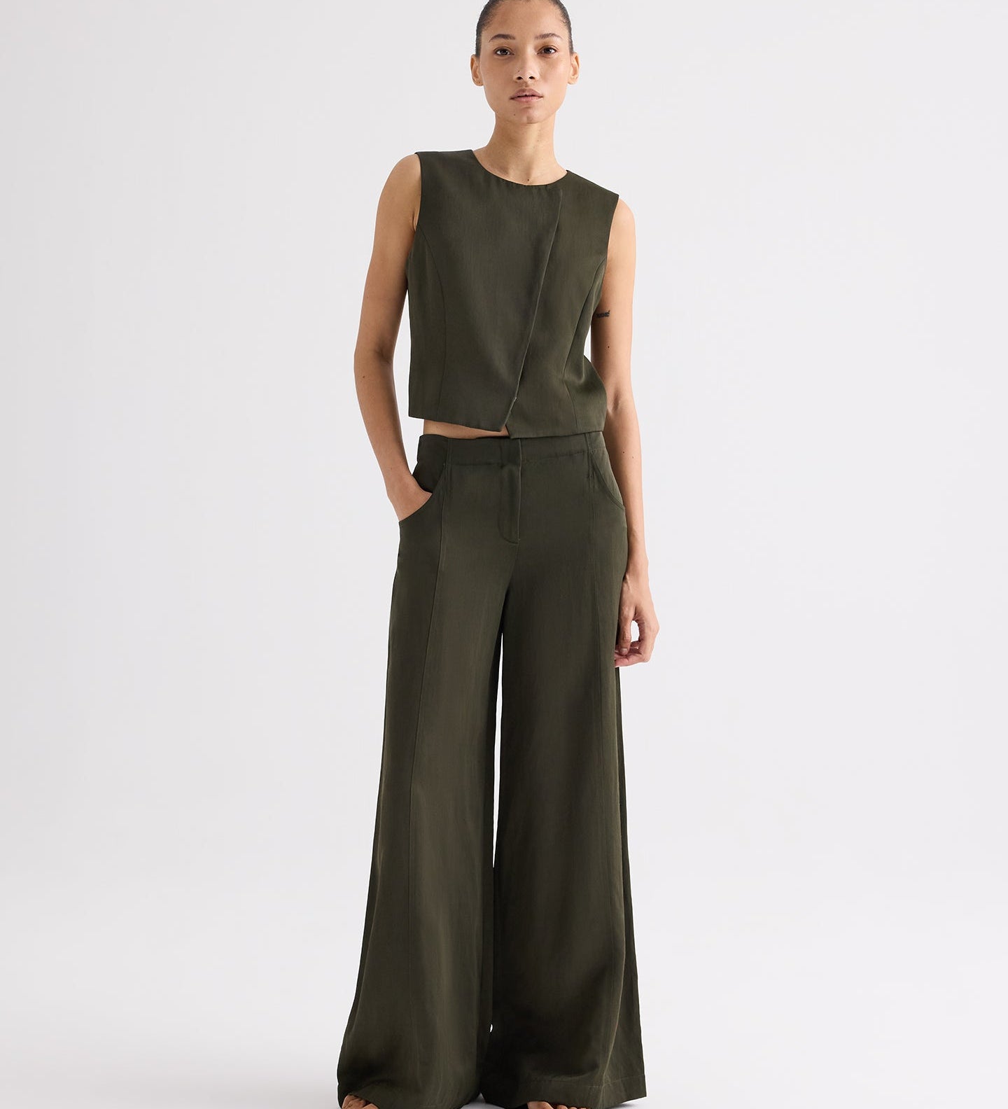 TWP - High Neck Hidden Placket Vest in Coated Viscose Linen