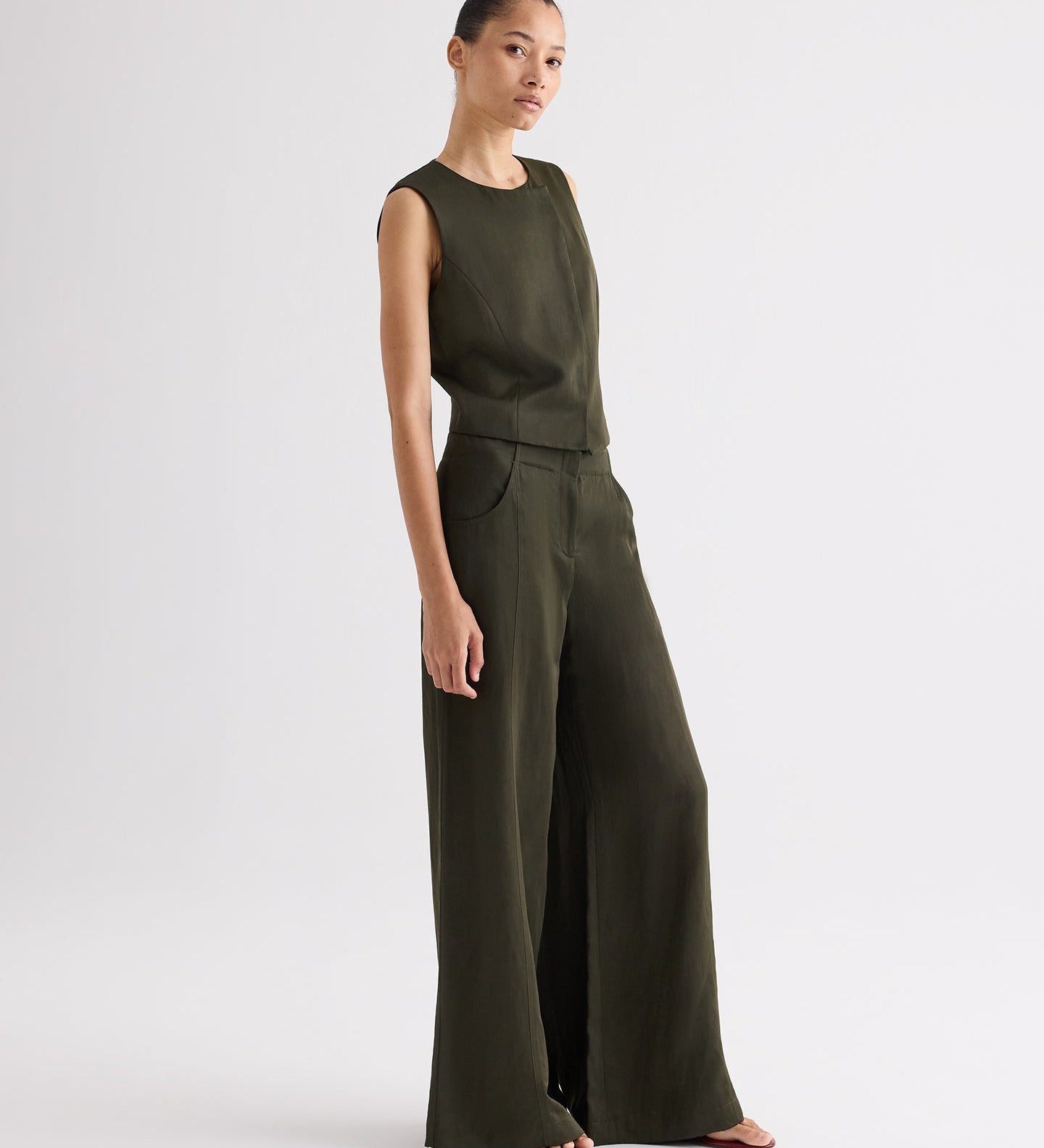 TWP - High Neck Hidden Placket Vest in Coated Viscose Linen