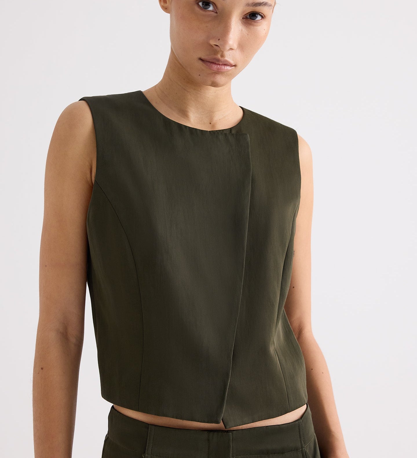 TWP - High Neck Hidden Placket Vest in Coated Viscose Linen