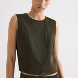 TWP - High Neck Hidden Placket Vest in Coated Viscose Linen