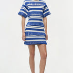 Blue and white striped knit mini dress with textured horizontal bands and short sleeves on a model wearing white sandals.