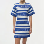 Blue and white striped knit mini dress with fringe trim detail and short sleeves.
