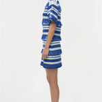 Blue and white striped knit mini dress with textured fringe trim on short sleeves and tiered skirt sections.