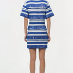 Blue and white striped knit mini dress with fringe trim details and short sleeves.