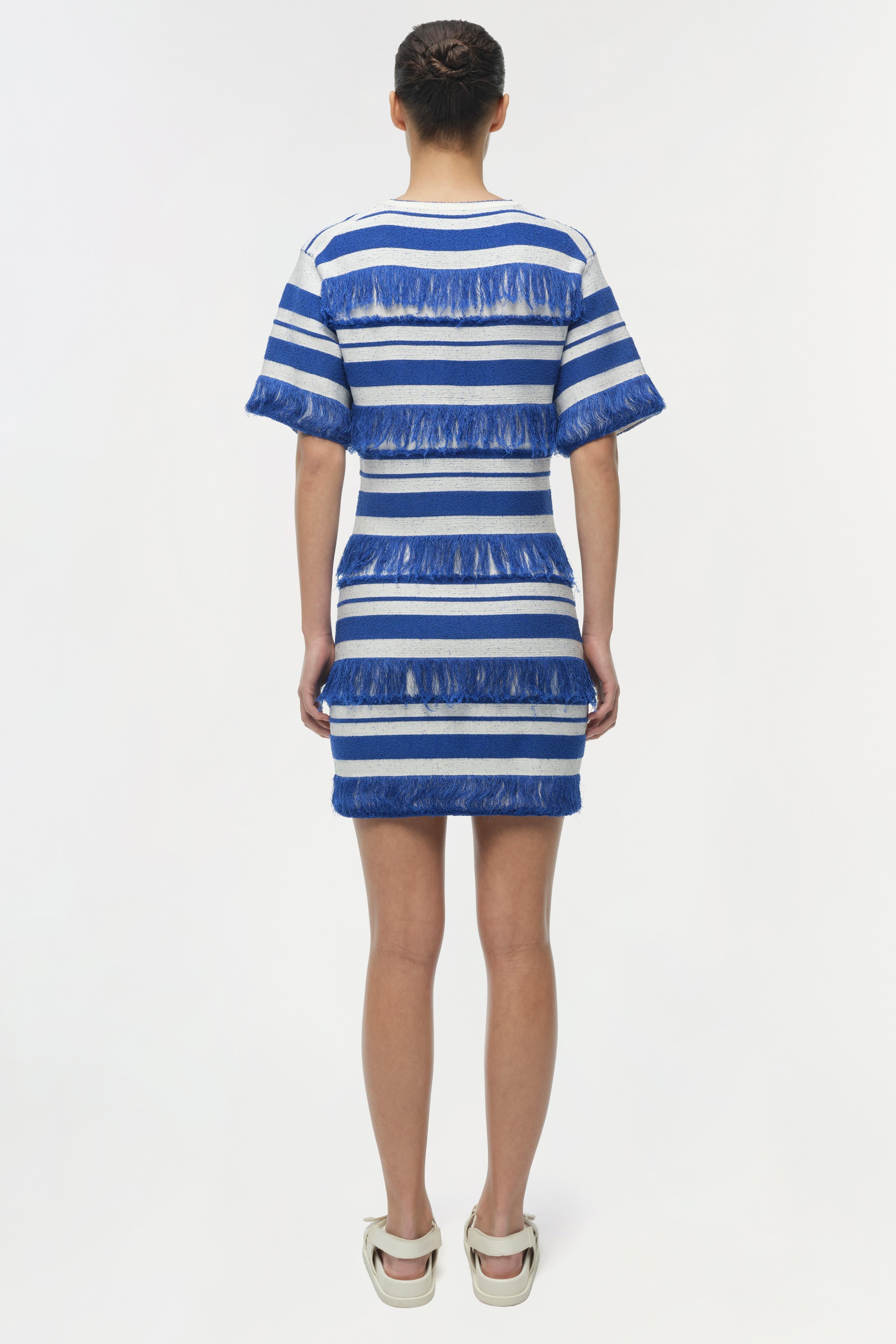 Blue and white striped knit mini dress with fringe trim details and short sleeves.