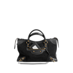 Image 1 of 4 - BLACK - BALENCIAGA Le City Bag Medium featuring suede calfskin and smooth calfskin, two hand-braided handles with waxed cord, removable and adjustable strap with shoulder pad, aged-gold hardware, double-sided zip with long tails and knotted leather puller, rront zipped pocket with knotted leather puller, 1 inner zipped pocket, 1 removable mirror, tone-on-tone Balenciaga logo debossed on mirror and cotton canvas lining. Calfskin, cotton, plexiglass. Made in Italy.