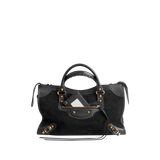 Image 1 of 4 - BLACK - BALENCIAGA Le City Bag Medium featuring suede calfskin and smooth calfskin, two hand-braided handles with waxed cord, removable and adjustable strap with shoulder pad, aged-gold hardware, double-sided zip with long tails and knotted leather puller, rront zipped pocket with knotted leather puller, 1 inner zipped pocket, 1 removable mirror, tone-on-tone Balenciaga logo debossed on mirror and cotton canvas lining. Calfskin, cotton, plexiglass. Made in Italy.