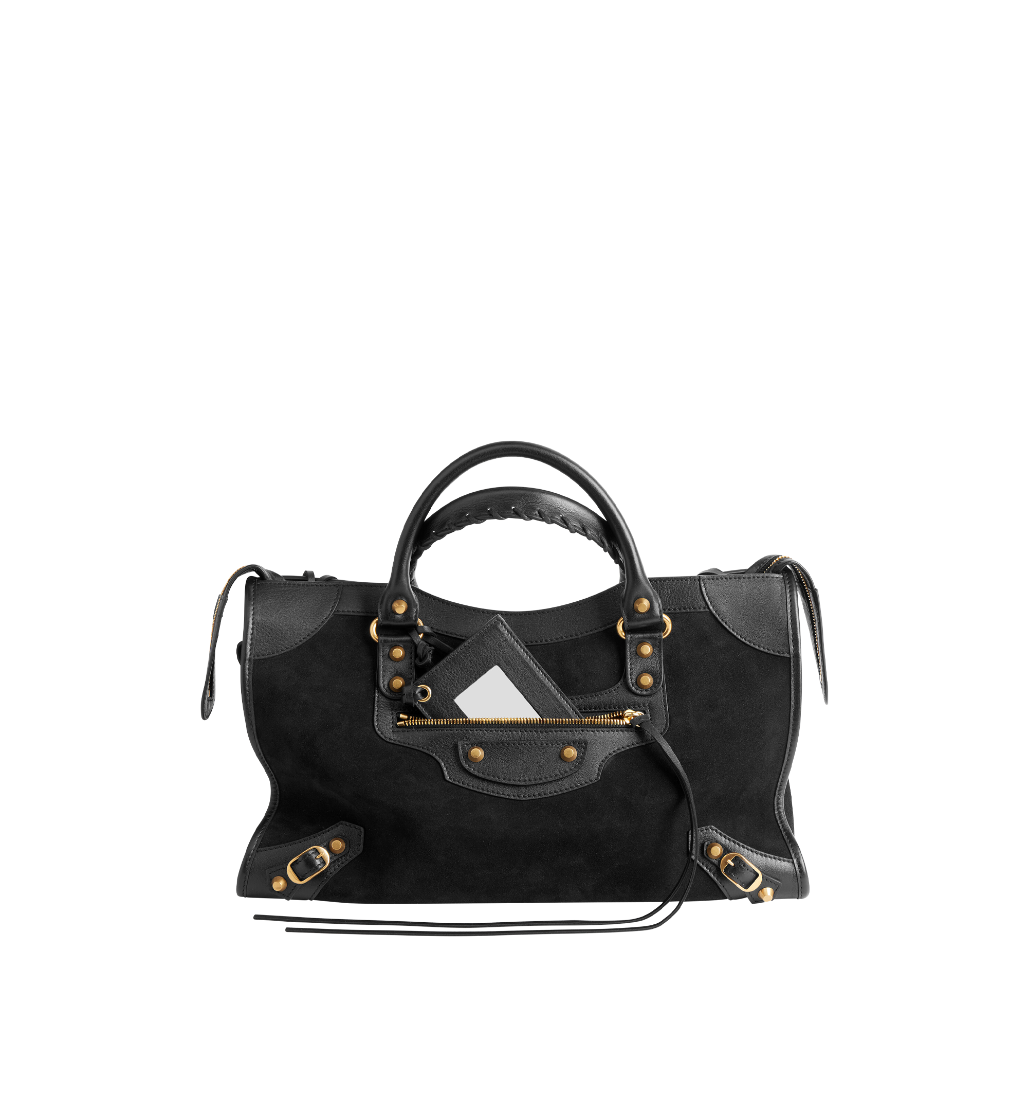 Image 1 of 4 - BLACK - BALENCIAGA Le City Bag Medium featuring suede calfskin and smooth calfskin, two hand-braided handles with waxed cord, removable and adjustable strap with shoulder pad, aged-gold hardware, double-sided zip with long tails and knotted leather puller, rront zipped pocket with knotted leather puller, 1 inner zipped pocket, 1 removable mirror, tone-on-tone Balenciaga logo debossed on mirror and cotton canvas lining. Calfskin, cotton, plexiglass. Made in Italy.