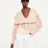 FRAME - Sheer Ruffle Blouse -- Light Petal