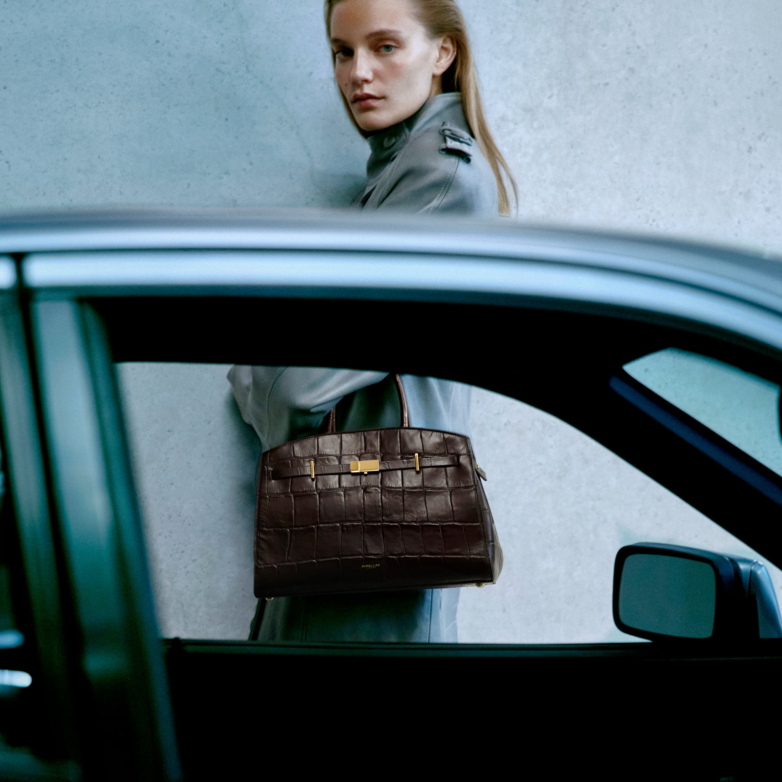 DeMellier - The Midi Hudson Dark Chocolate Large Croc Effect