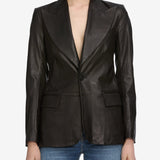 FRAME - The Peak Lapel Leather Blazer -- Black