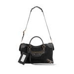 Image 3 of 4 - BLACK - BALENCIAGA Le City Bag Medium featuring suede calfskin and smooth calfskin, two hand-braided handles with waxed cord, removable and adjustable strap with shoulder pad, aged-gold hardware, double-sided zip with long tails and knotted leather puller, rront zipped pocket with knotted leather puller, 1 inner zipped pocket, 1 removable mirror, tone-on-tone Balenciaga logo debossed on mirror and cotton canvas lining. Calfskin, cotton, plexiglass. Made in Italy.