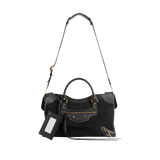 Image 3 of 4 - BLACK - BALENCIAGA Le City Bag Medium featuring suede calfskin and smooth calfskin, two hand-braided handles with waxed cord, removable and adjustable strap with shoulder pad, aged-gold hardware, double-sided zip with long tails and knotted leather puller, rront zipped pocket with knotted leather puller, 1 inner zipped pocket, 1 removable mirror, tone-on-tone Balenciaga logo debossed on mirror and cotton canvas lining. Calfskin, cotton, plexiglass. Made in Italy.