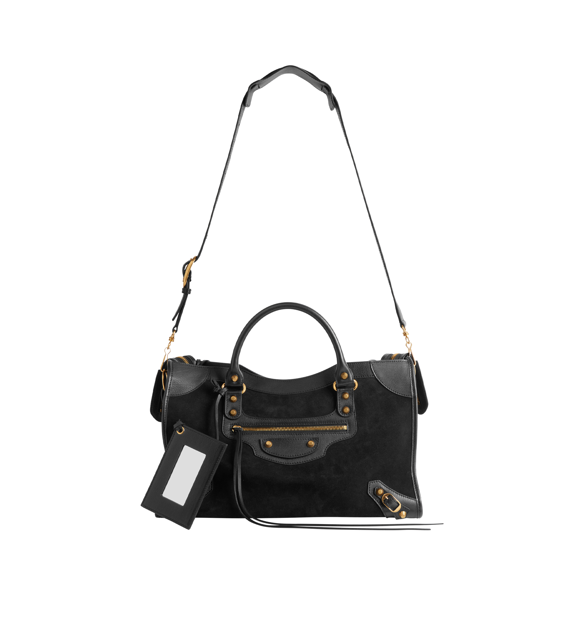 Image 3 of 4 - BLACK - BALENCIAGA Le City Bag Medium featuring suede calfskin and smooth calfskin, two hand-braided handles with waxed cord, removable and adjustable strap with shoulder pad, aged-gold hardware, double-sided zip with long tails and knotted leather puller, rront zipped pocket with knotted leather puller, 1 inner zipped pocket, 1 removable mirror, tone-on-tone Balenciaga logo debossed on mirror and cotton canvas lining. Calfskin, cotton, plexiglass. Made in Italy.