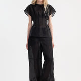 ROHE - Pleated waistline organza silk top | black