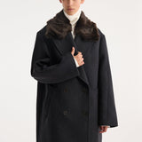 ROHE - Double-breasted coat with faux fur collar | anthracite melange