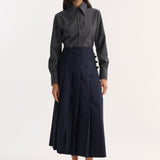 ROHE - Pleated wool skirt with leather closures | navy
