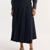 ROHE - Pleated wool skirt with leather closures | navy