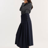ROHE - Pleated wool skirt with leather closures | navy