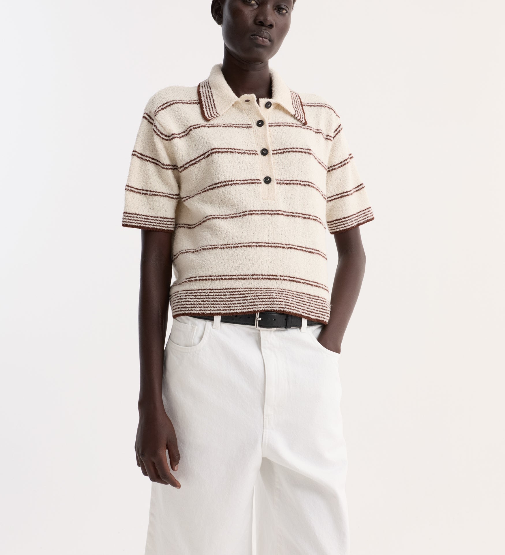 ROHE - Towelling striped polo | cream / brown stripe