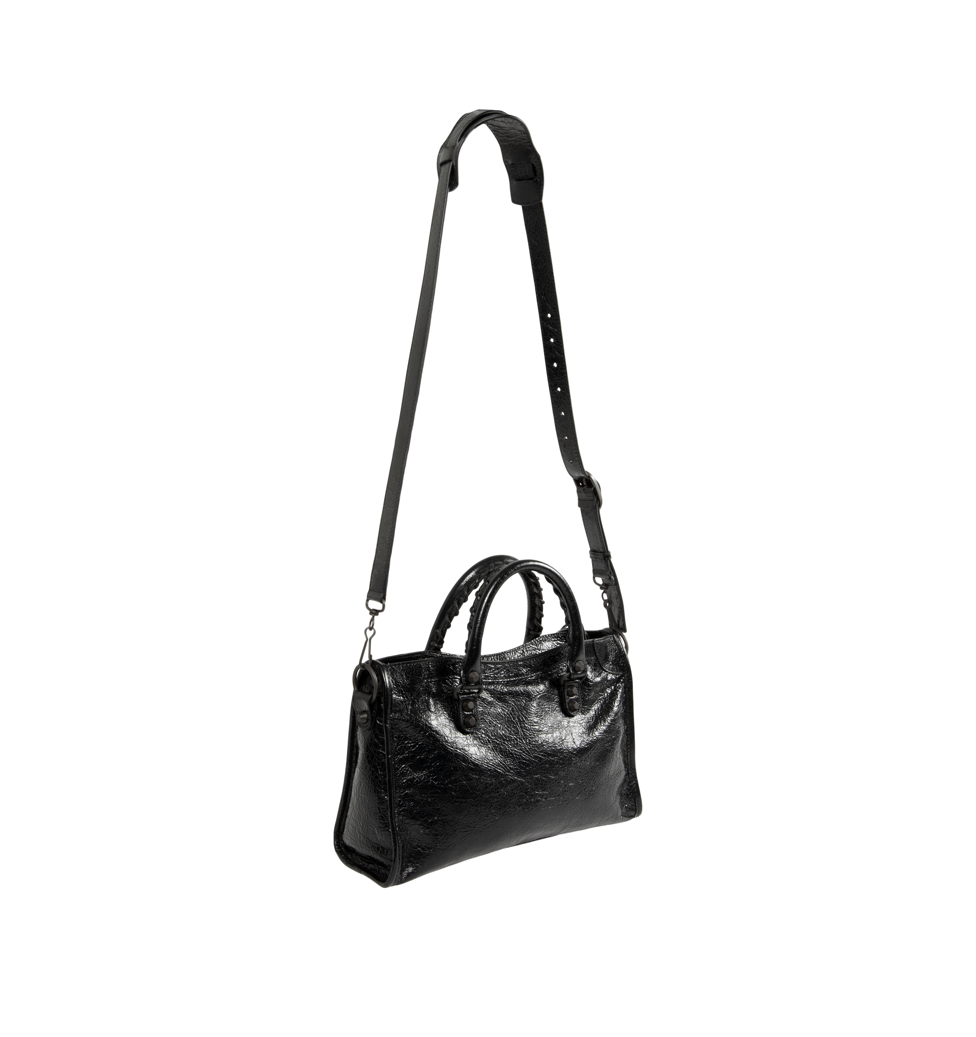 Image 2 of 3 - BLACK - Balenciaga Women's Le City Small Bag is crafted from supple leather and features the house's iconic slouchy silhouette with rolled top handles, signature buckle detailing, and an adjustable, detachable shoulder strap for versatile styling. Designed with a spacious zip-top main compartment, this designer handbag blends Balenciaga's archival motorcycle-inspired aesthetic with everyday functionality. Main Material: Leather. Dimensions: 30 x 19 x 10 cm. Made in Italy.