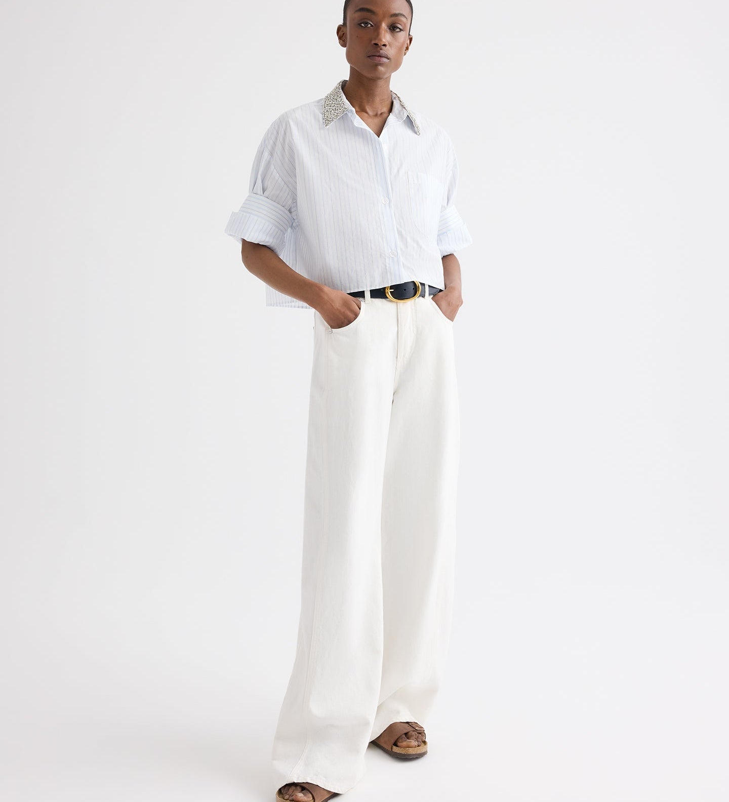 TWP - Next Ex Shirt with Crystal Collar in Cotton Stripes