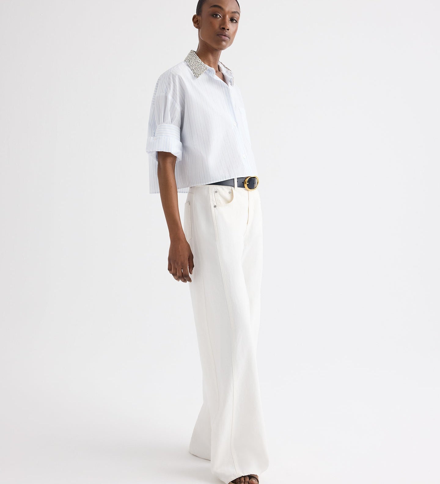 TWP - Next Ex Shirt with Crystal Collar in Cotton Stripes