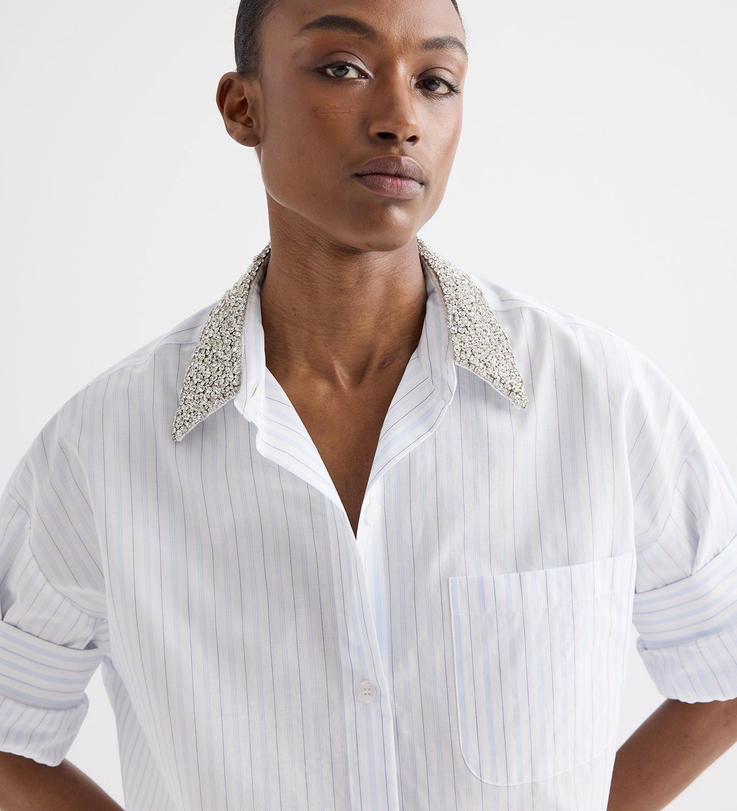 TWP - Next Ex Shirt with Crystal Collar in Cotton Stripes