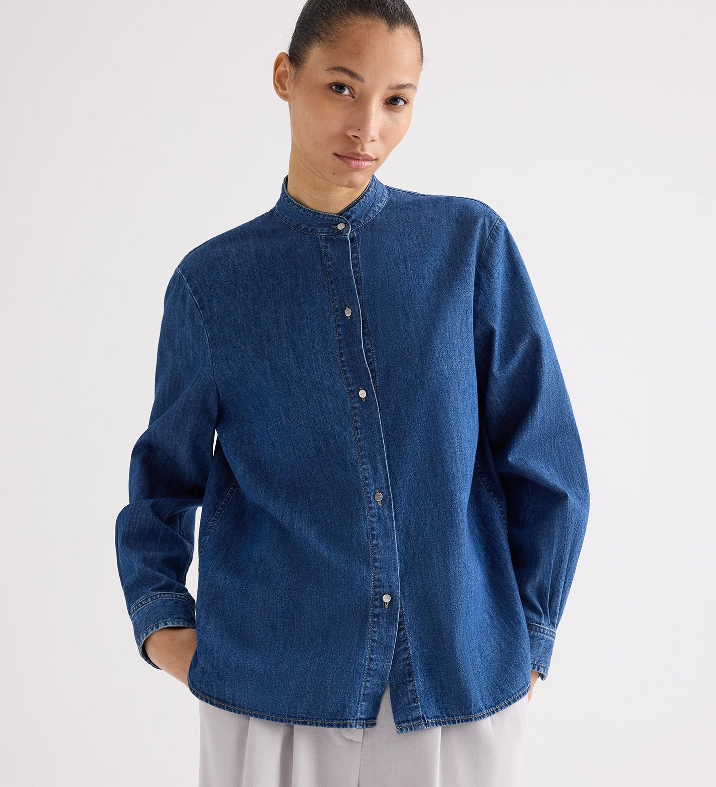 TWP - Tied Down Top in Denim Shirting