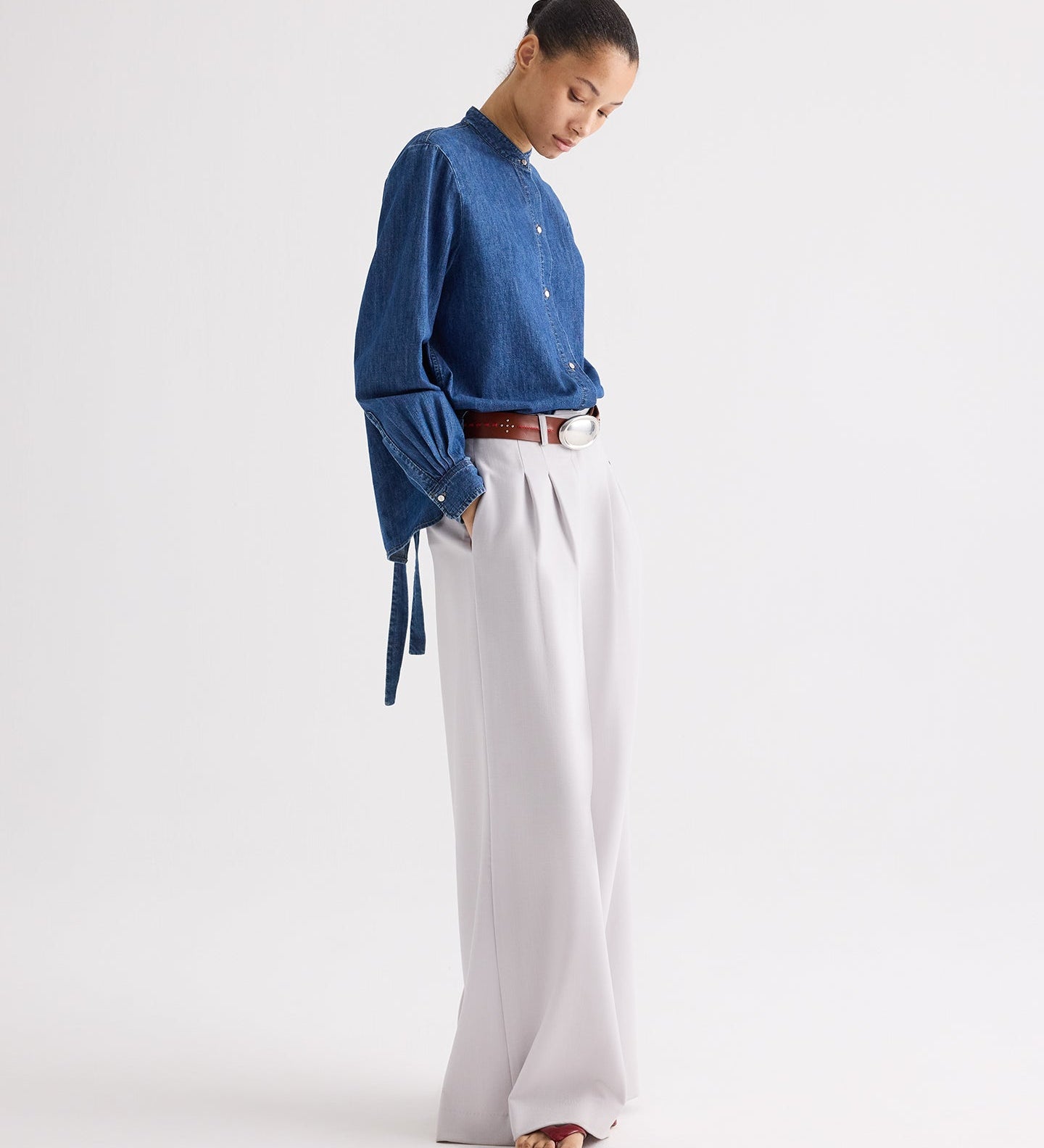 TWP - Tied Down Top in Denim Shirting