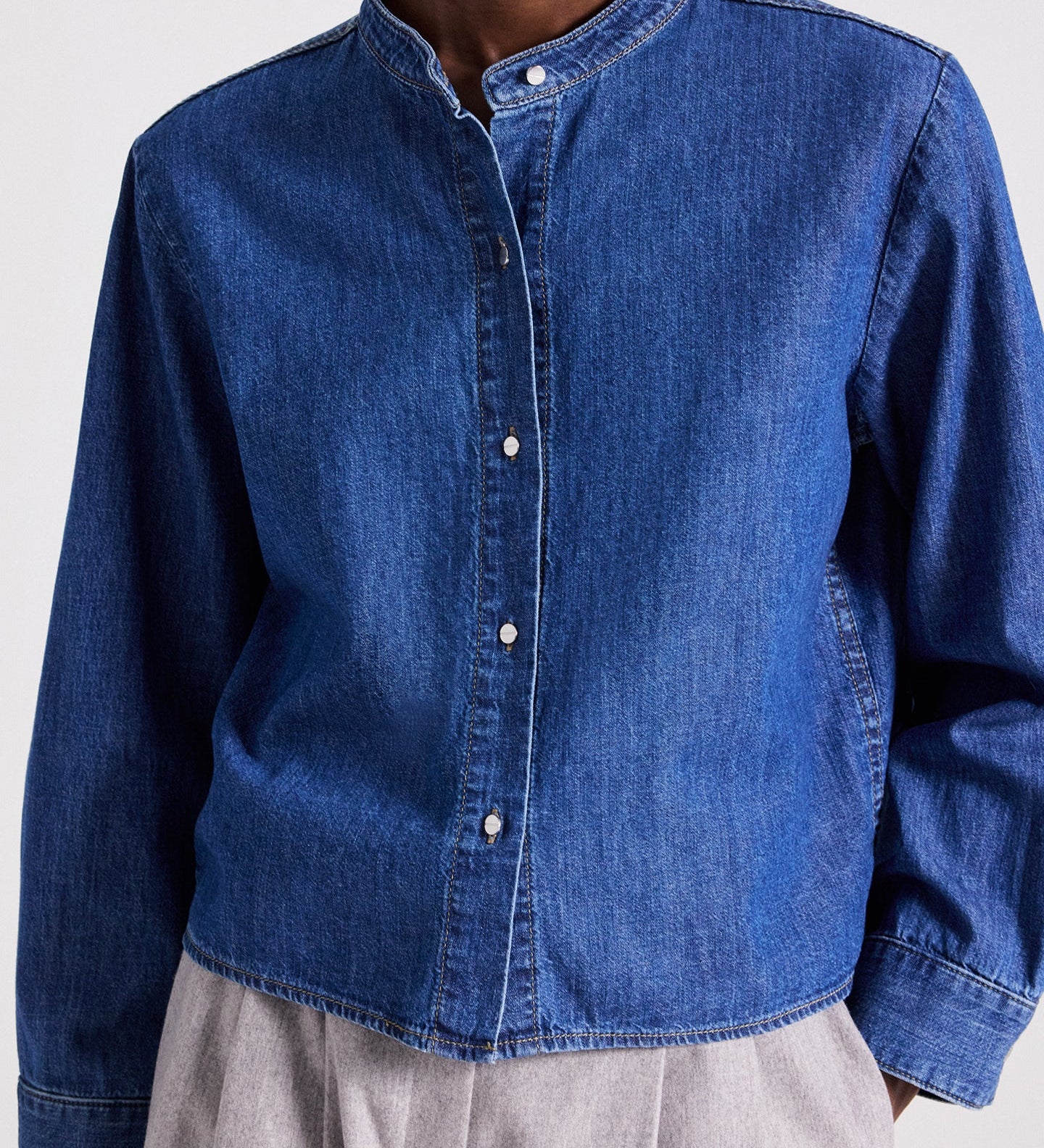 TWP - Stand Collar Cut Off Shirt in Denim Shirting